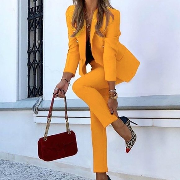 Women's Solid Color Two-piece Casual Blazer Jacket and Pants  Yellow XXS - Picture 15 of 16